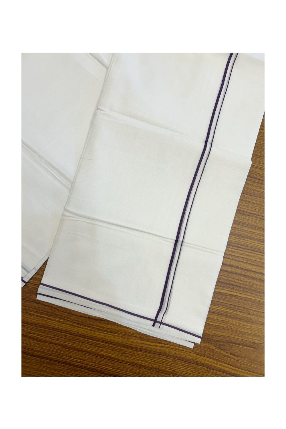 20% Discount ! Kaitharikada Balaramapuram 100% Cotton PURE WHITE Double Mundu/Dothi - 100x100 - 0.5 cm Wine Purple thin Kara - 57KK5217 CKS