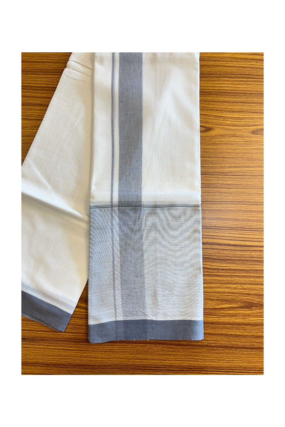 15% Discount!! Kaitharikada Balaramapuram 100% Cotton Pure White Double Mundu/Dothi-100x100   2.25 Inch  Ash Grey Shaded Cotton Kara 3.75m (8 Muzham) - 57KK74RAM