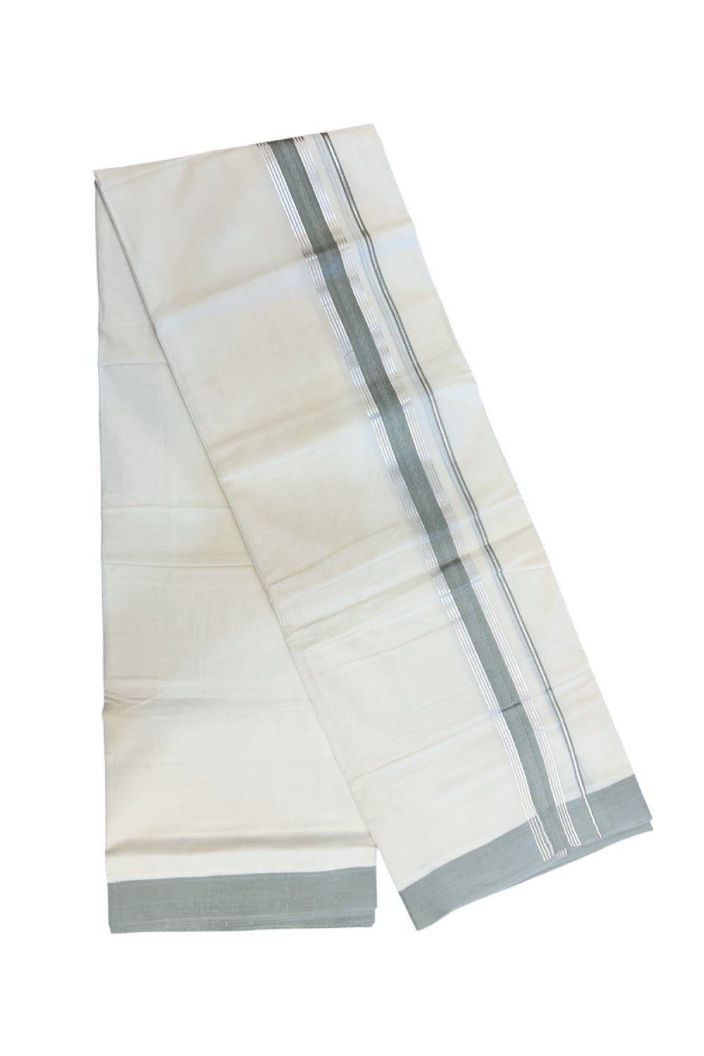 20% Discount ! KaithariKada Balaramapuram 100% Cotton Double OFF WHITE - (Unbleached) - Mundu / Dhoti- 100x80 - 1.5 inch Silver stripes Ash grey kara - 58KK5213 VIN