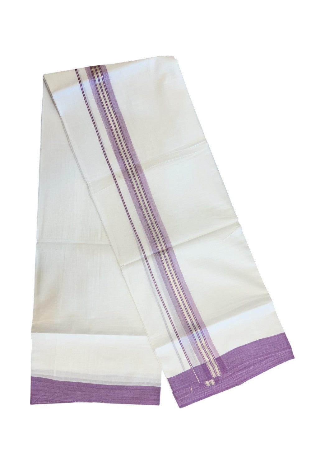 20% DISCOUNT! KaithariKada Balaramapuram 100% Cotton Double Pure white Mundu/Dhoti- 60s - 1.25 inch Silver Kasavu & Light Violet Striped Kara - 3.78mtr ( 8 muzham) - 58KK5227 PMC