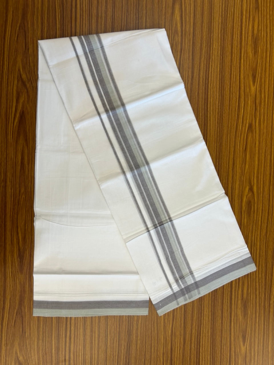 20% Discount ! NEW! KaithariKada Balaramapuram 100% Cotton Pure white Double Mundu/Dhoti - (100x80)s - 1.5 inch Pale Green Ash Stripes Kara - 58 KK5249 VIN