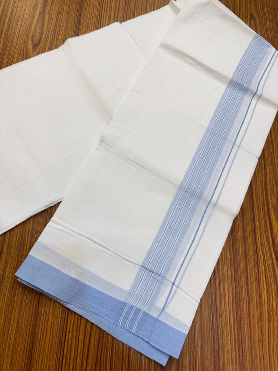 4.5 Meters (10 Muzham) - Pure white double 25% Discount ! KaithariKada Balaramapuram - 100% Pure Cotton 100x80 - Mundu/Dothi - 1.5 inch Sky Blue Shaded Kara - 58 KK5258 THI