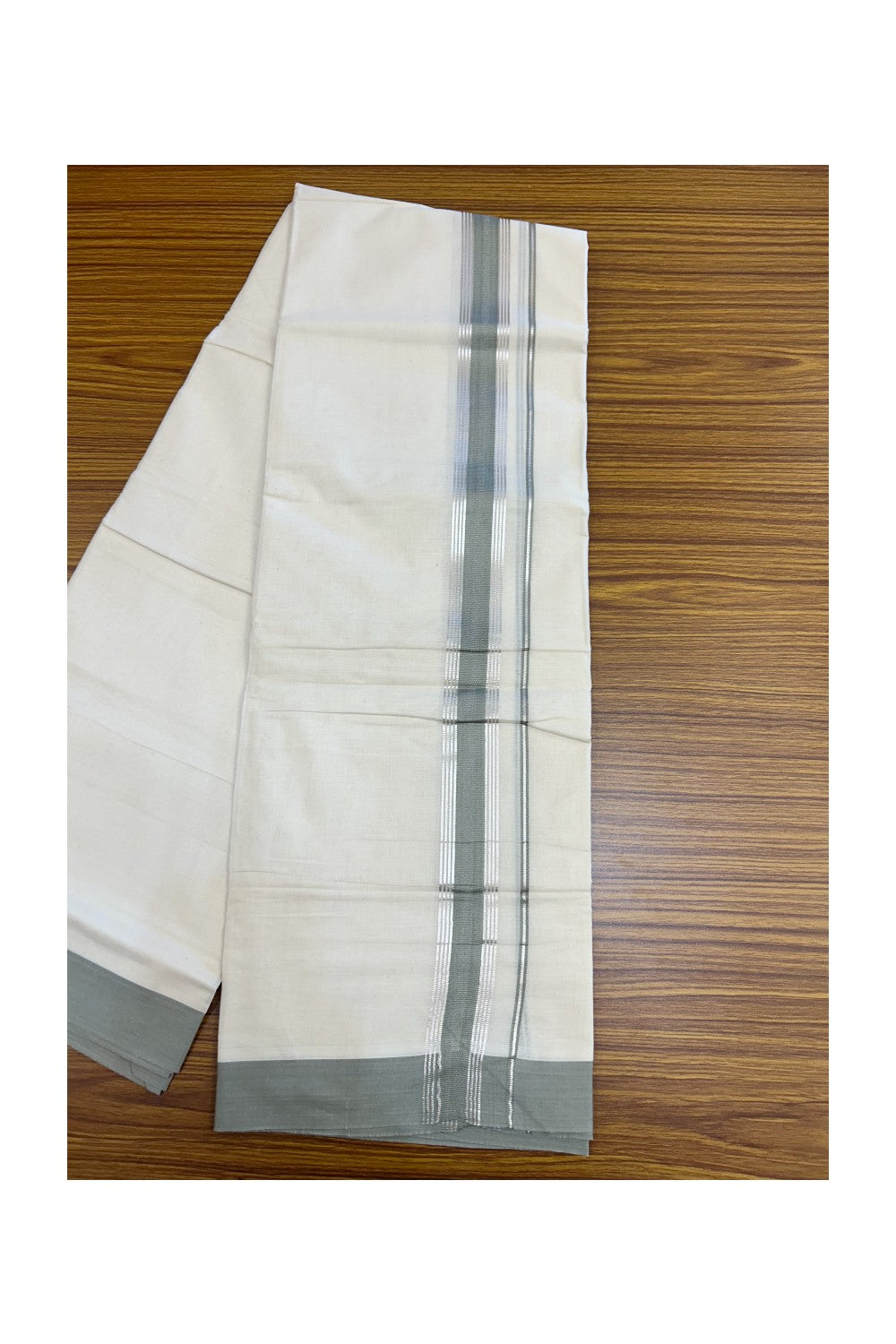 20% Discount ! KaithariKada Balaramapuram 100% Cotton Double OFF WHITE - (Unbleached) - Mundu / Dhoti- 100x80 - 1.5 inch Silver stripes Ash grey kara - 58KK5213 VIN