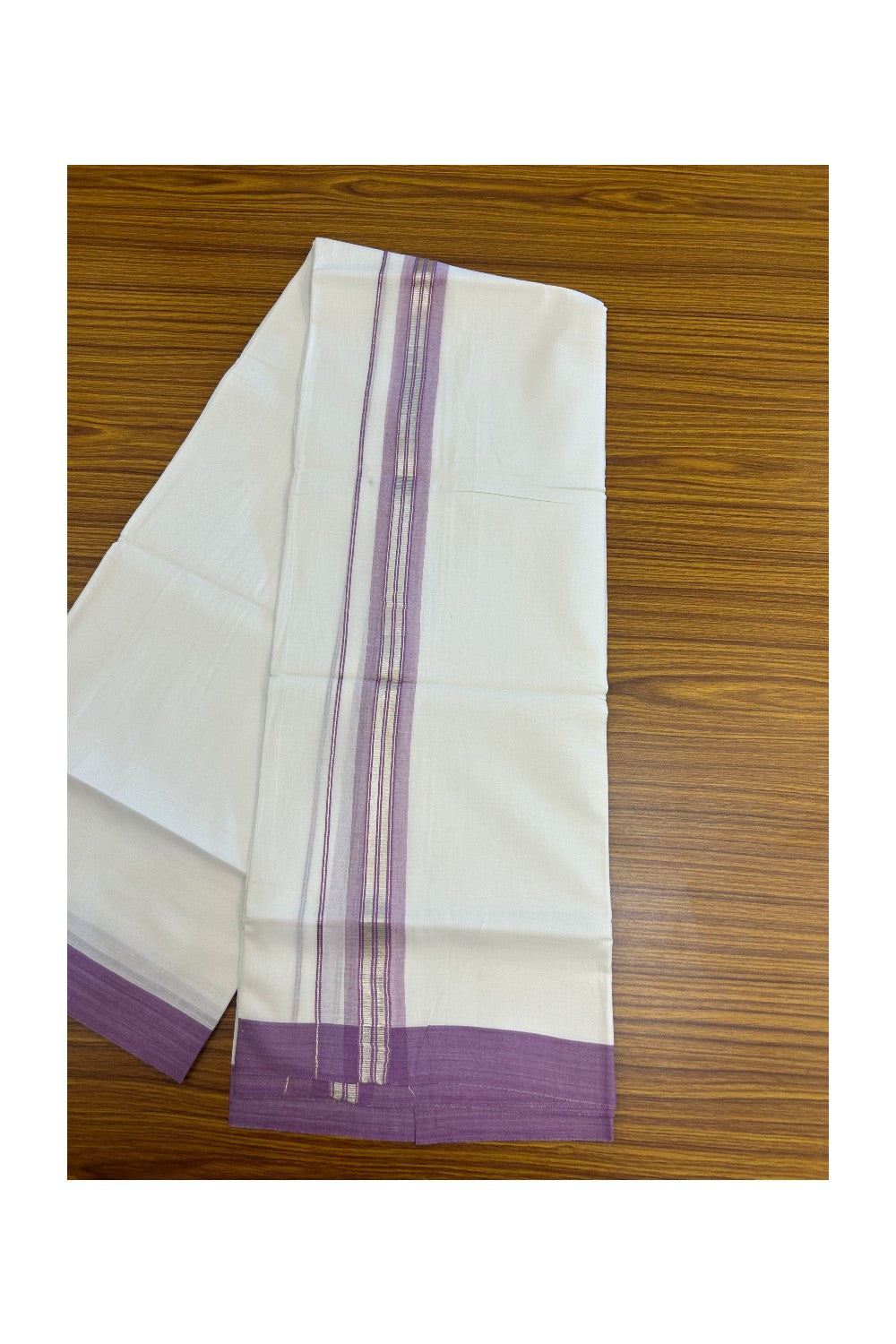 20% DISCOUNT! KaithariKada Balaramapuram 100% Cotton Double Pure white Mundu/Dhoti- 60s - 1.25 inch Silver Kasavu & Light Violet Striped Kara - 3.78mtr ( 8 muzham) - 58KK5227 PMC