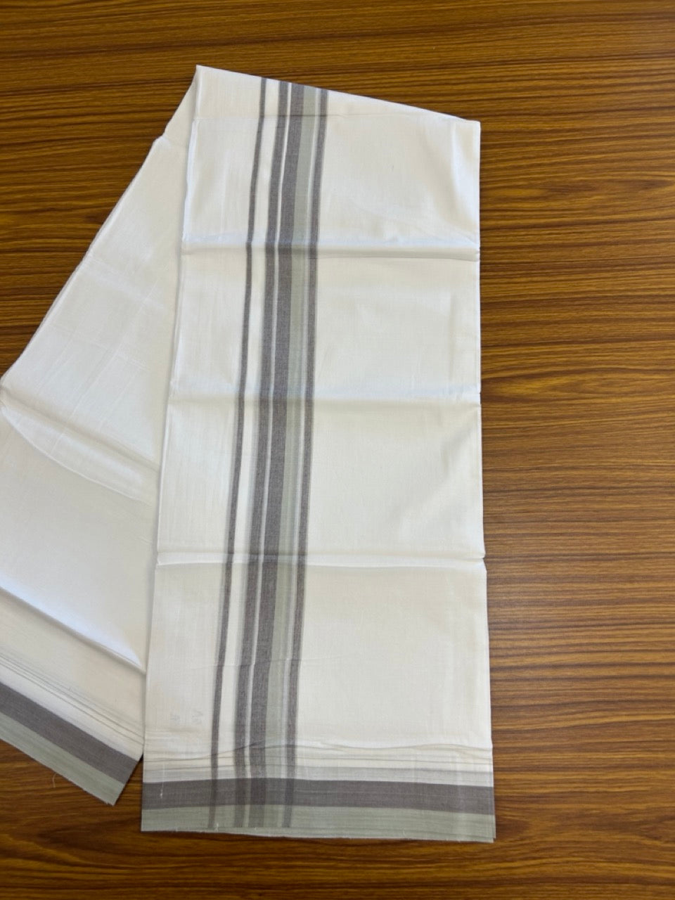 20% Discount ! NEW! KaithariKada Balaramapuram 100% Cotton Pure white Double Mundu/Dhoti - (100x80)s - 1.5 inch Pale Green Ash Stripes Kara - 58 KK5249 VIN