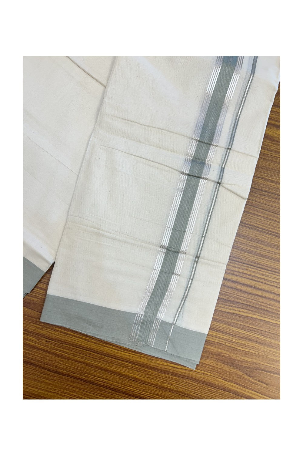 20% Discount ! KaithariKada Balaramapuram 100% Cotton Double OFF WHITE - (Unbleached) - Mundu / Dhoti- 100x80 - 1.5 inch Silver stripes Ash grey kara - 58KK5213 VIN