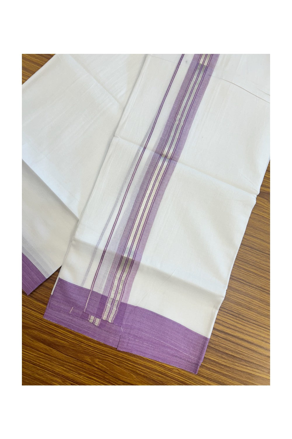 20% DISCOUNT! KaithariKada Balaramapuram 100% Cotton Double Pure white Mundu/Dhoti- 60s - 1.25 inch Silver Kasavu & Light Violet Striped Kara - 3.78mtr ( 8 muzham) - 58KK5227 PMC