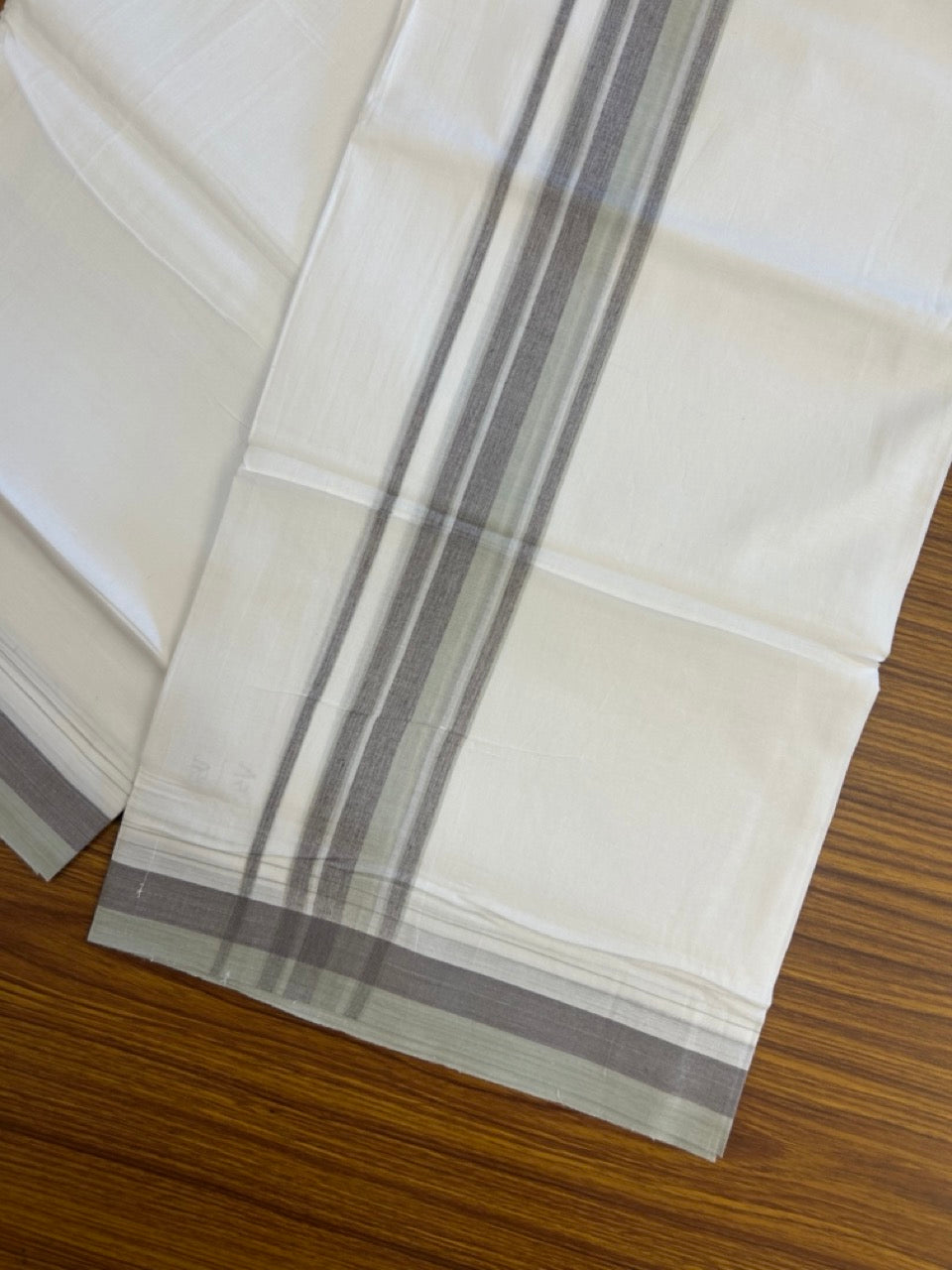 20% Discount ! NEW! KaithariKada Balaramapuram 100% Cotton Pure white Double Mundu/Dhoti - (100x80)s - 1.5 inch Pale Green Ash Stripes Kara - 58 KK5249 VIN