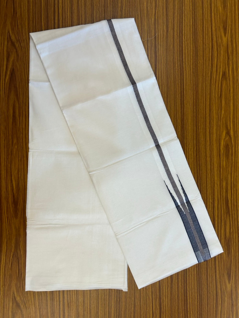 19% Discount ! NEW! KaithariKada Balaramapuram 100% Cotton Pure white Double Mundu/Dhoti - (100x80)s - 0.75 inch Dark Navy Blue Silver Kasav - 58 KK5252 CKS