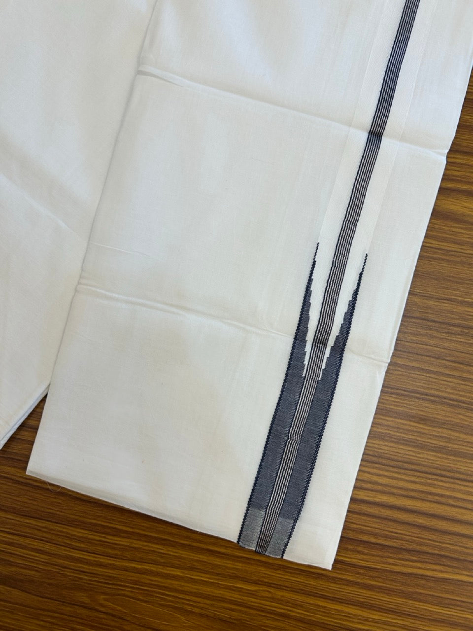19% Discount ! NEW! KaithariKada Balaramapuram 100% Cotton Pure white Double Mundu/Dhoti - (100x80)s - 0.75 inch Dark Navy Blue Silver Kasav - 58 KK5252 CKS