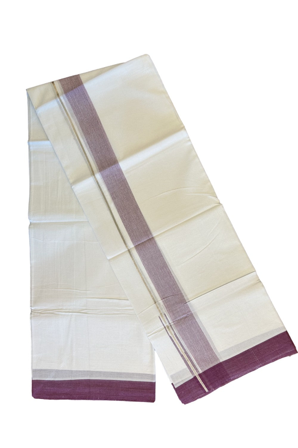 15% DISCOUNT!! Kaitharikada Balaramapuram 100% Cotton Ultra WHITE Double Mundu/Dothi-100x90 1.5 inch Puliyilakkara chutty silver kasavu & Dark purple shaded kara - 59KK430VAS