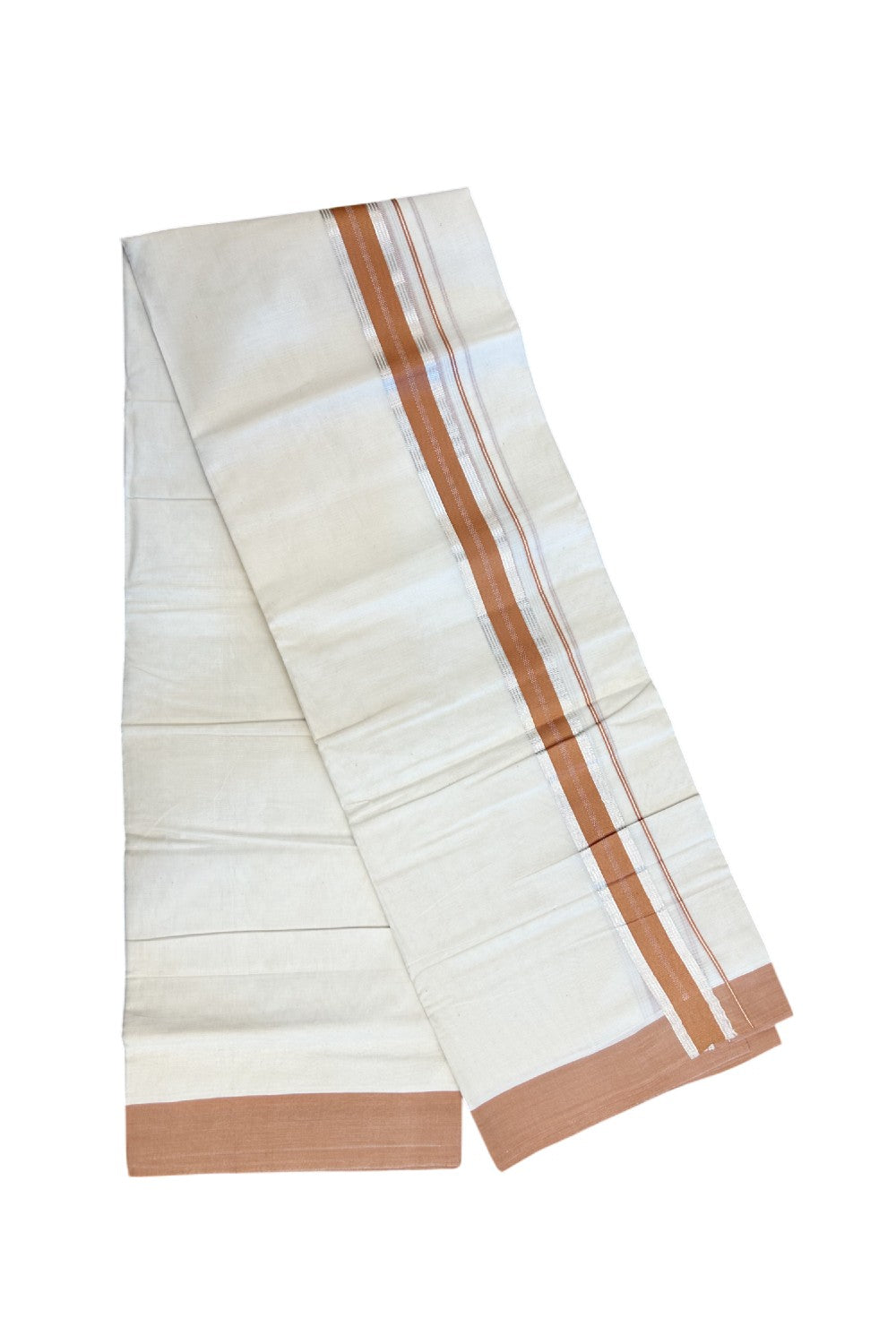 20% Discount ! KaithariKada Balaramapuram 100% Cotton Double OFF WHITE - (Unbleached) - Mundu / Dhoti- 100x80 - 1.5 inch Silver stripes brown kara - 59KK5213 VIN
