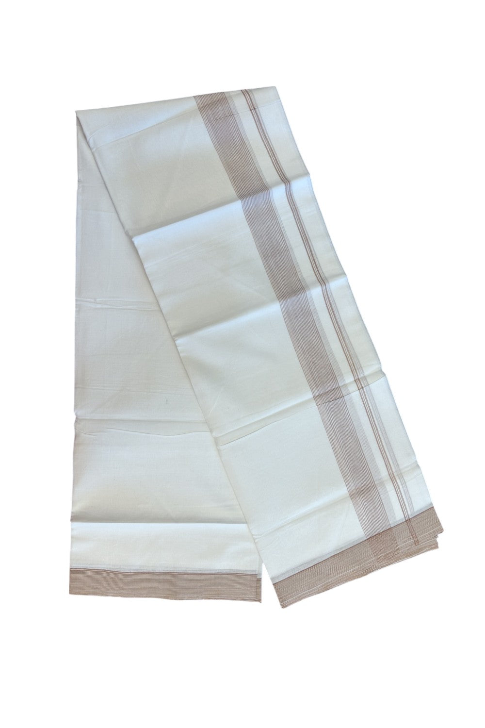 20% Discount ! Kaitharikada Balaramapuram 100% Cotton PURE WHITE Double Mundu/Dothi - 100x80 - 1.75 inch Brown Stripes Kara 3.90 mtr (8 muzham) - 54KK5220 THI