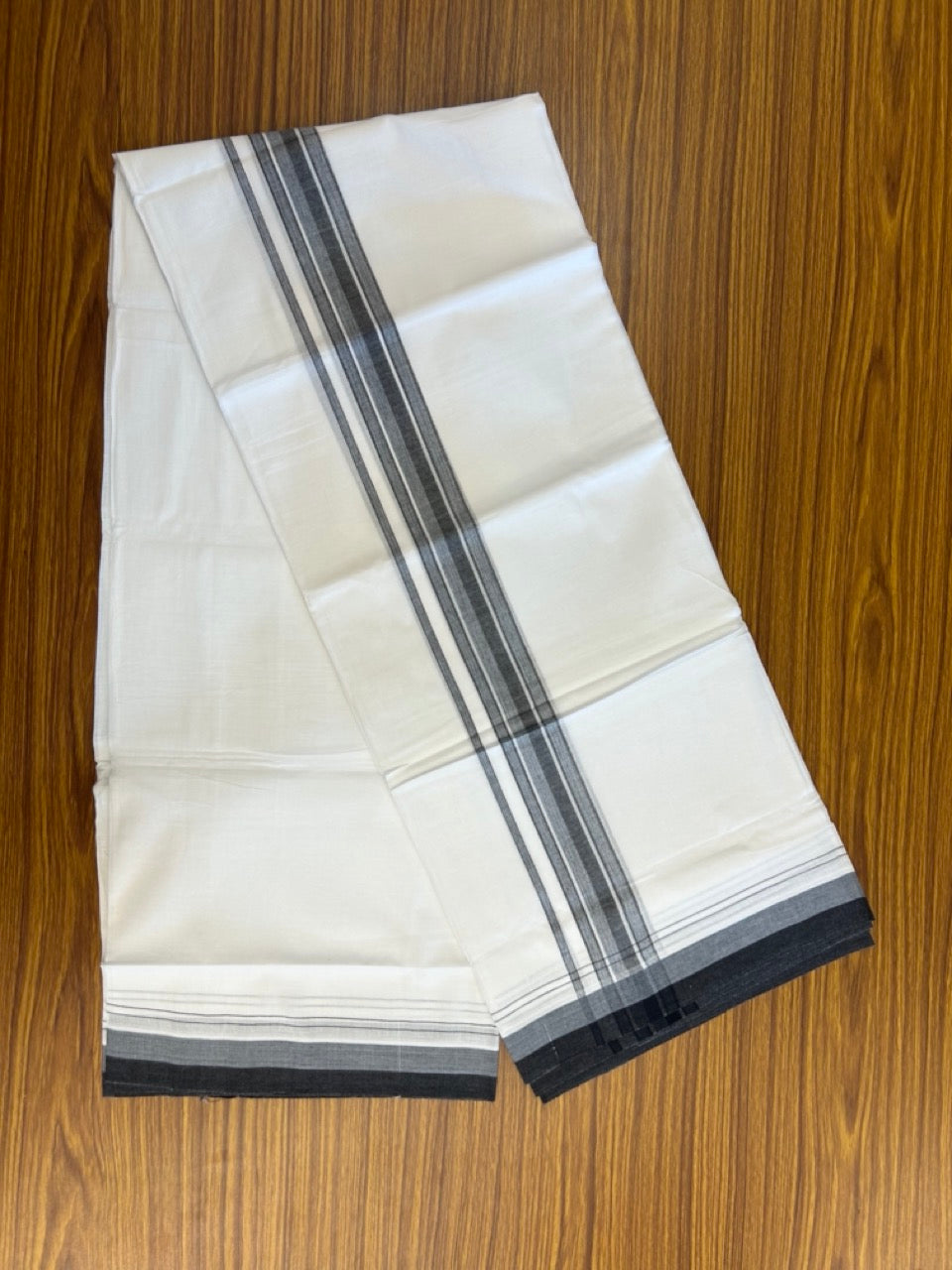 20% Discount ! NEW! KaithariKada Balaramapuram 100% Cotton Pure white Double Mundu/Dhoti - (100x80)s - 1.5 inch Blue Ash Black Stripes Kara - 59 KK5249 VIN