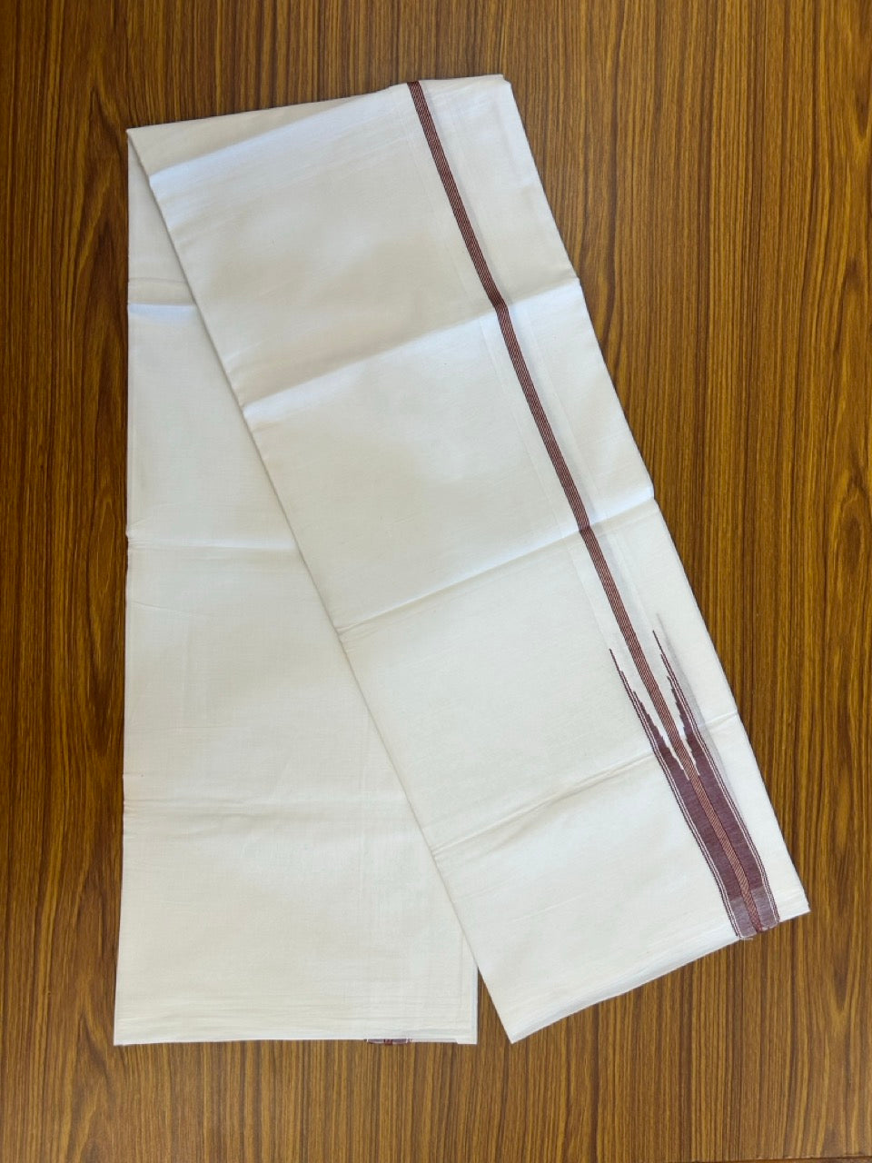 19% Discount ! NEW! KaithariKada Balaramapuram 100% Cotton Pure white Double Mundu/Dhoti - (100x80)s - 0.75 inch Maroon Silver Kasav - 59 KK5252 CKS