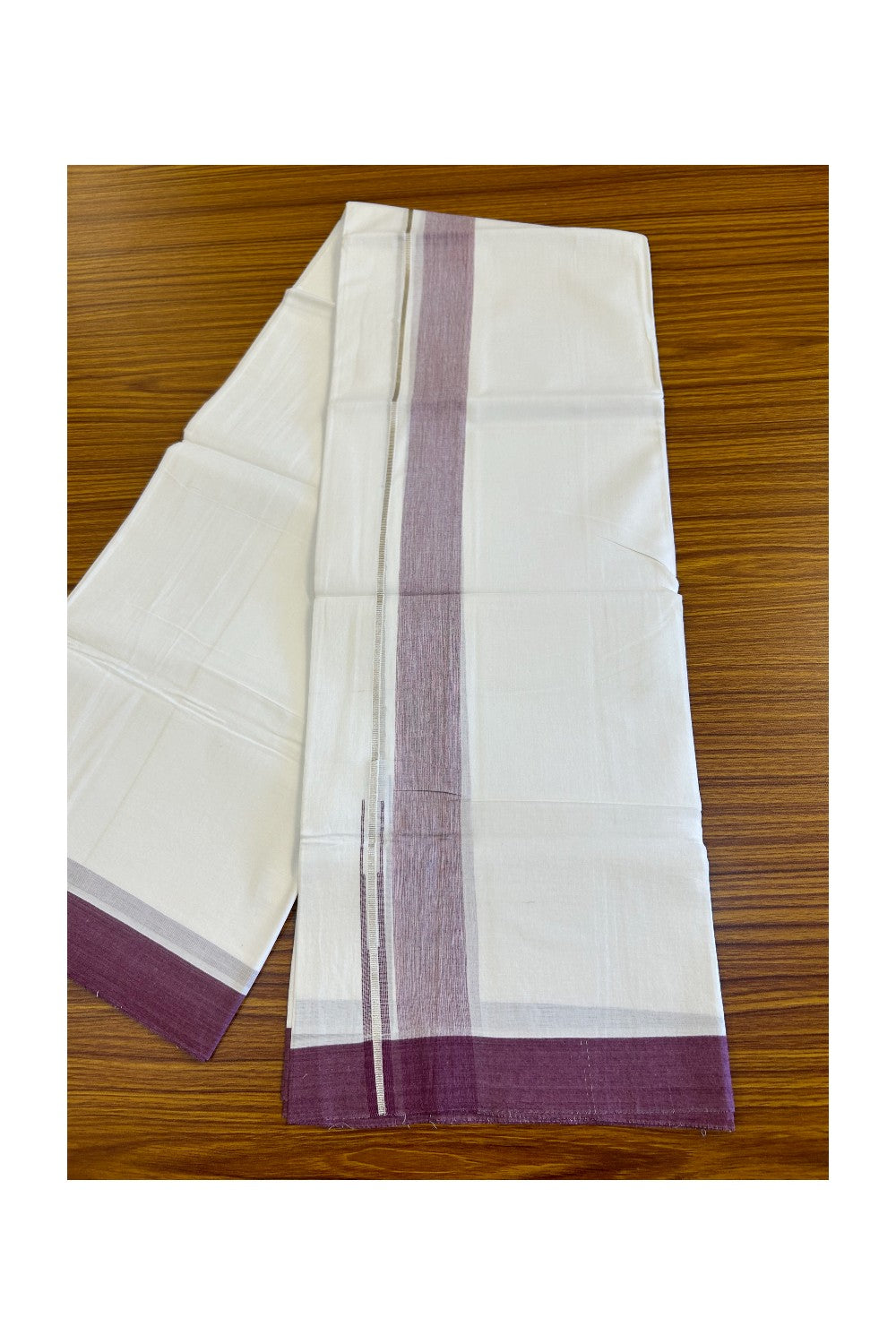 15% DISCOUNT!! Kaitharikada Balaramapuram 100% Cotton Ultra WHITE Double Mundu/Dothi-100x90 1.5 inch Puliyilakkara chutty silver kasavu & Dark purple shaded kara - 59KK430VAS