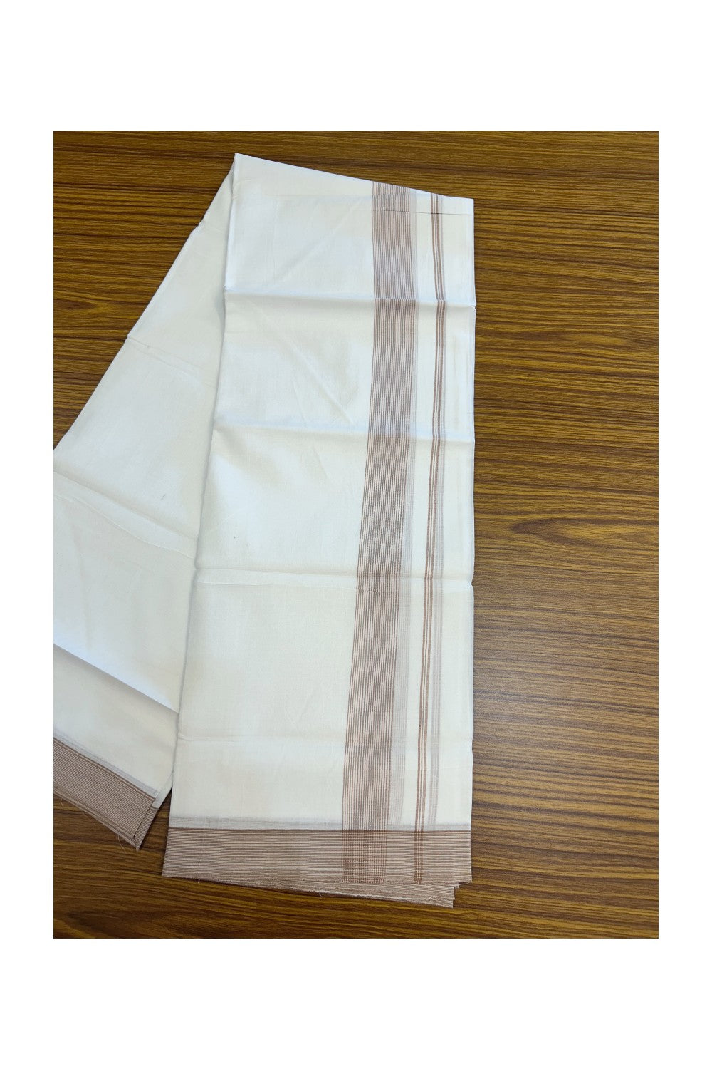 20% Discount ! Kaitharikada Balaramapuram 100% Cotton PURE WHITE Double Mundu/Dothi - 100x80 - 1.75 inch Brown Stripes Kara 3.90 mtr (8 muzham) - 54KK5220 THI