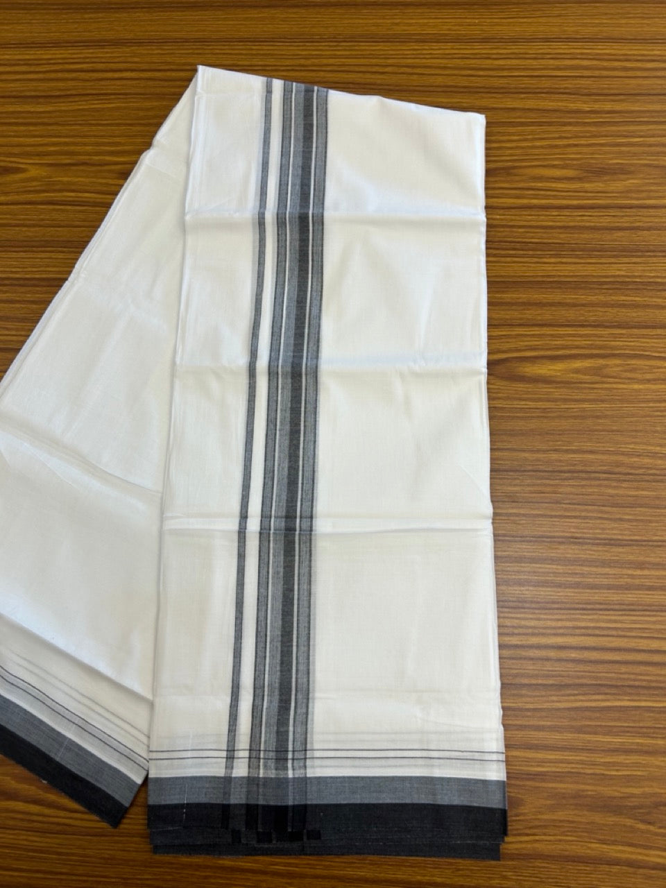 20% Discount ! NEW! KaithariKada Balaramapuram 100% Cotton Pure white Double Mundu/Dhoti - (100x80)s - 1.5 inch Blue Ash Black Stripes Kara - 59 KK5249 VIN