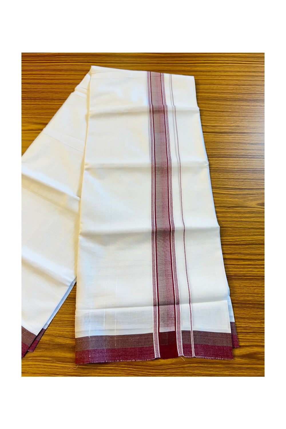 21% DISCOUNT!! Kaitharikada Balaramapuram 100% Cotton Ultra WHITE Double Mundu/Dothi-100x80 2.25 Inch MAROON Striped Cotton Kara -59KK73VAS