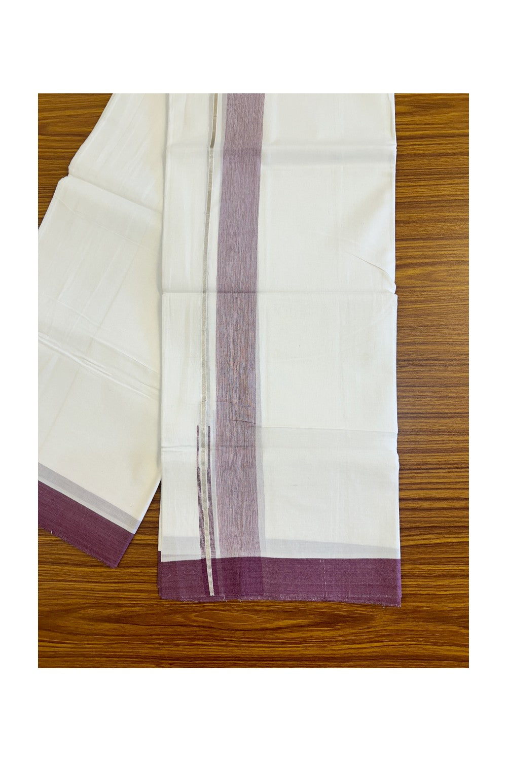 15% Discount!! Kaitharikada Balaramapuram 100% Cotton Pure White Double Mundu/Dhoti-100x90 1.5 inch Puliyilakkara chutty silver kasav & Dark purple shaded kara - 59KK430VAS