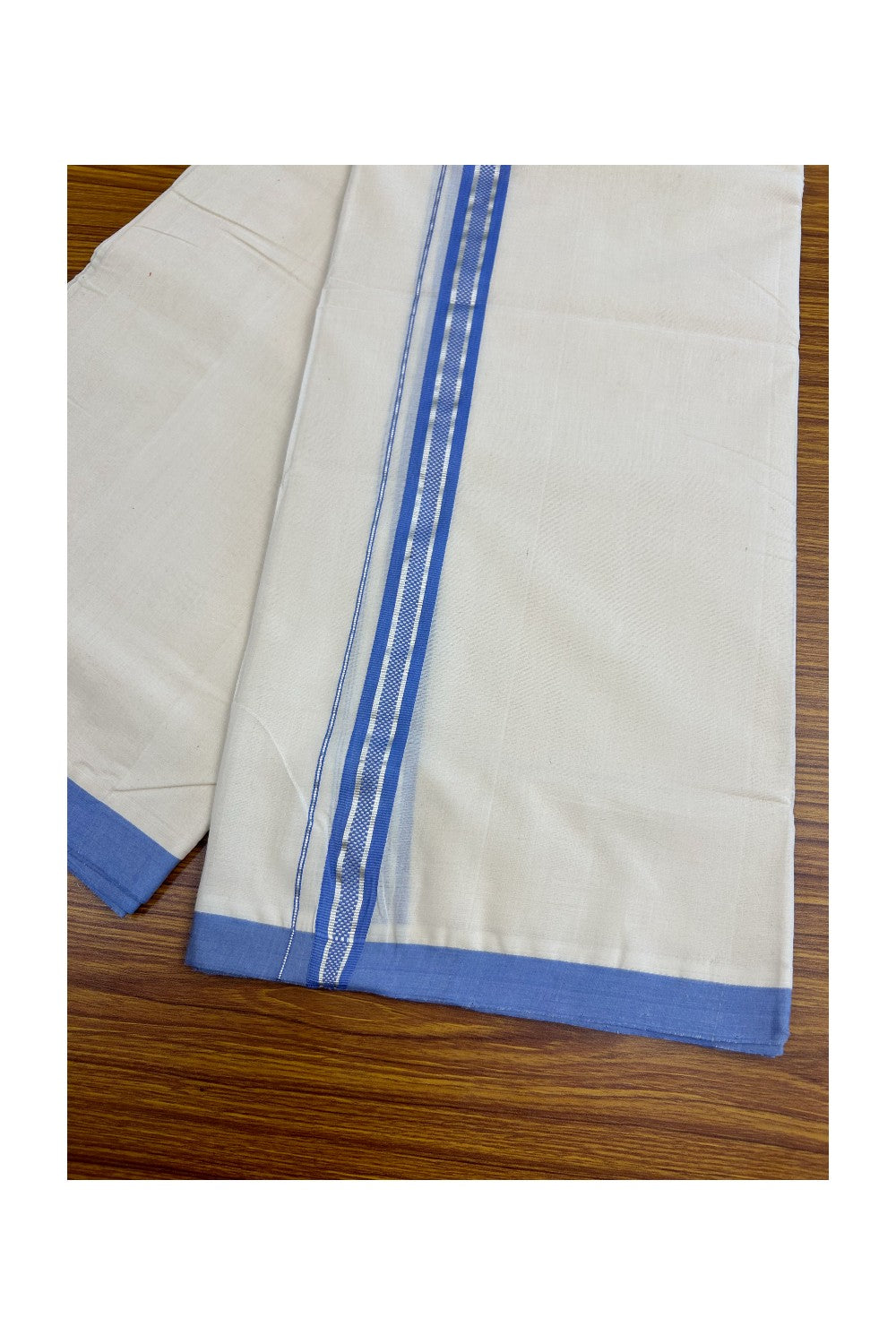 25% Discount!! KaithariKada HANDLOOM millpaav Balaramapuram - 100% PURE Cotton OFF White Double - (Unbleached) Mundu/Dothi - 1.75 inch Silver Kasavu & Lavender Blue Kara 4.5 Meters (10 Muzham) - 59KK5029RAV