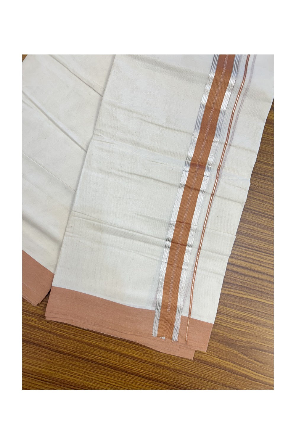 20% Discount ! KaithariKada Balaramapuram 100% Cotton Double OFF WHITE - (Unbleached) - Mundu / Dhoti- 100x80 - 1.5 inch Silver stripes brown kara - 59KK5213 VIN