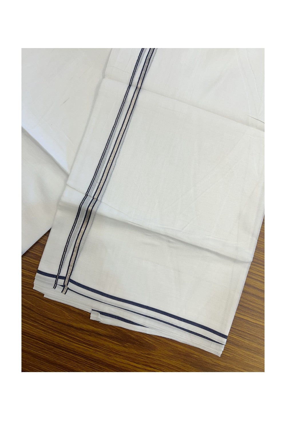 20% Discount ! Kaitharikada Balaramapuram 100% Cotton PURE WHITE Double Mundu/Dothi - 100x90 - 0.5 cm Ash Grey Silver Kasavu thin Kara - 59KK5217 CKS