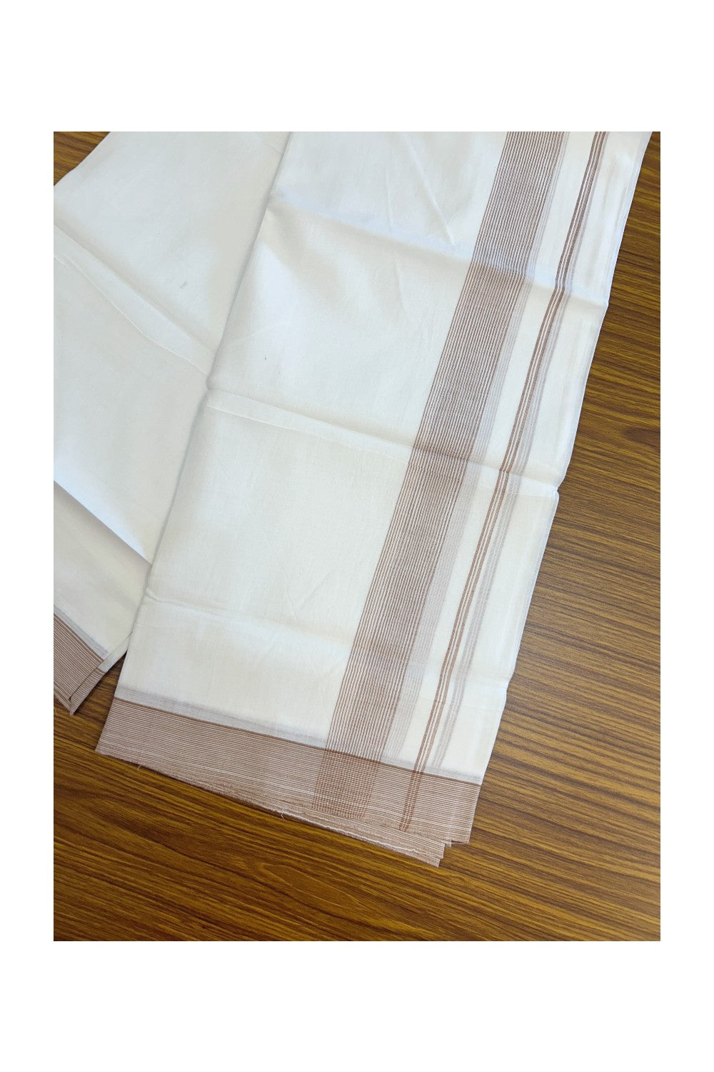 20% Discount ! Kaitharikada Balaramapuram 100% Cotton PURE WHITE Double Mundu/Dothi - 100x80 - 1.75 inch Brown Stripes Kara 3.90 mtr (8 muzham) - 54KK5220 THI