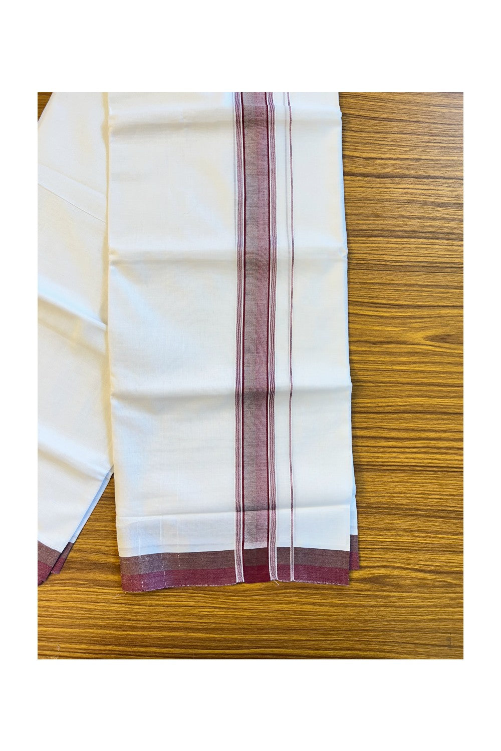 21% DISCOUNT!! Kaitharikada Balaramapuram 100% Cotton Ultra WHITE Double Mundu/Dothi-100x80 2.25 Inch MAROON Striped Cotton Kara -59KK73VAS