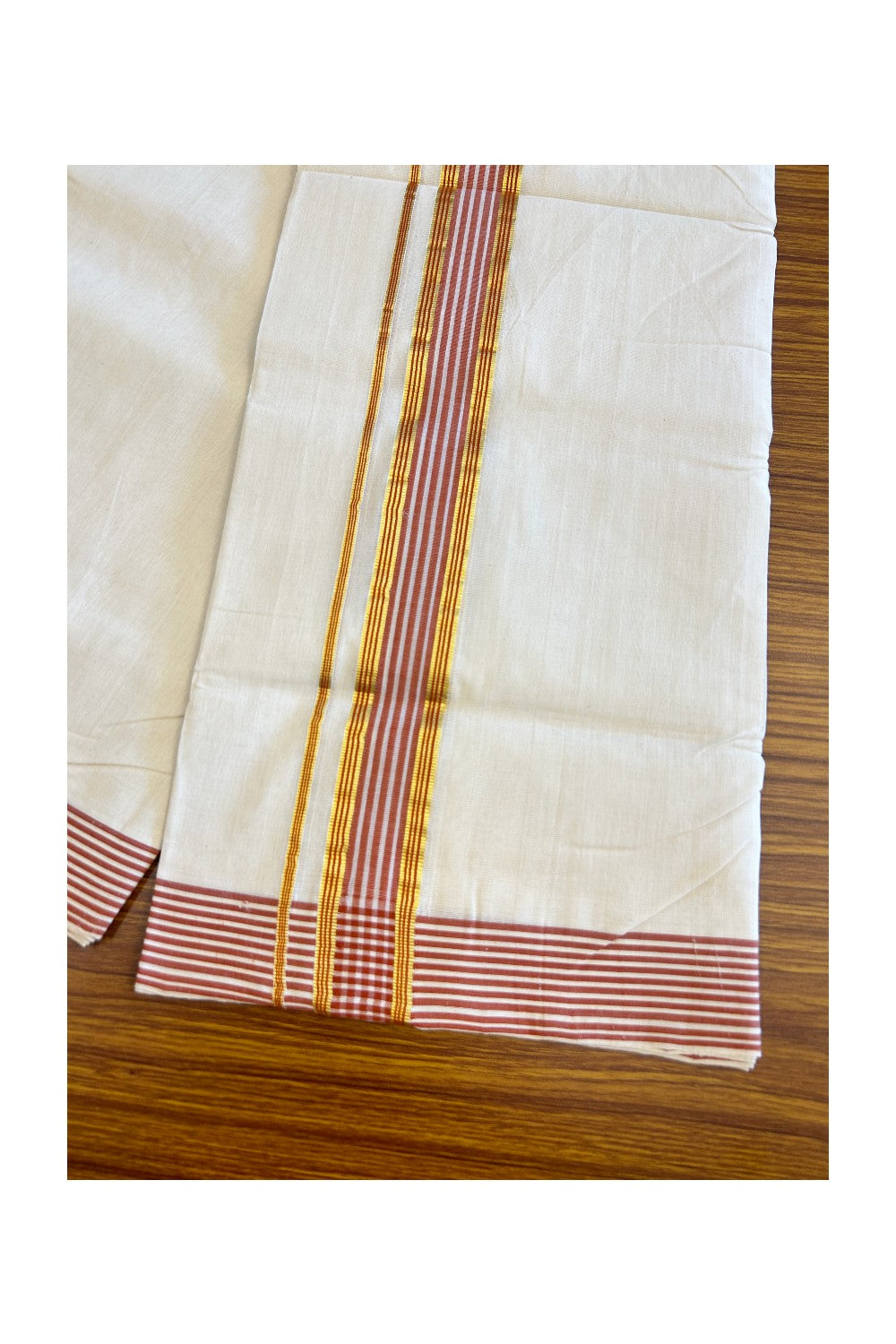 30% Discount KaithariKada HANDLOOM Unakkupaav Balaramapuram - 100% PURE Cotton Off White (Unbleached) Double Mundu/Dhoti - 2.25 inch Kasavu & Brick Red Stripes-220