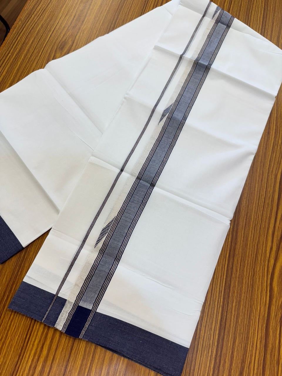 20% Discount ! Kaitharikada Balaramapuram 100% Cotton Pure White Double Mundu/Dothi - 100x80 - 1.5 inch Navy Blue & Silver Kasav Design Kara 4 mtr (8.5 muzham) - 68 KK5255 VAS