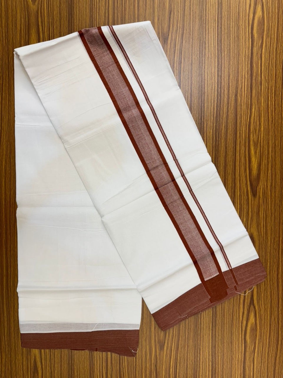 20% Discount ! KaithariKada Balaramapuram 100% Cotton Double Pure white Mundu/Dhoti- 100x80 - 1.75 inch Brick Orange shaded Kara - 3.90mtr ( 8 muzham) - 32 KK5251 PMC