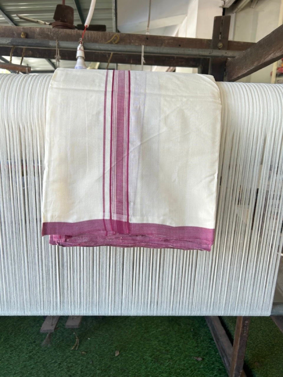 PREMIUM HANDLOOM-20% DISCOUNT! KaithariKada Cotton OFF White - 100x80 thread- NORTH INDIAN ATTACHED GAMCHA - 9X5 & 10X6 muzham Dhoti - 1.5 inch Pink Maroon Border - 6KK5223VEL