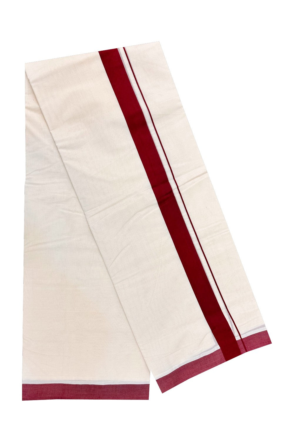 10% DISCOUNT ! KaithariKada Balaramapuram 100% Cotton Double Off white - (Unbleached) Mundu/Dhoti-100X100- MAROON 1.75 inch Kara.- 6.