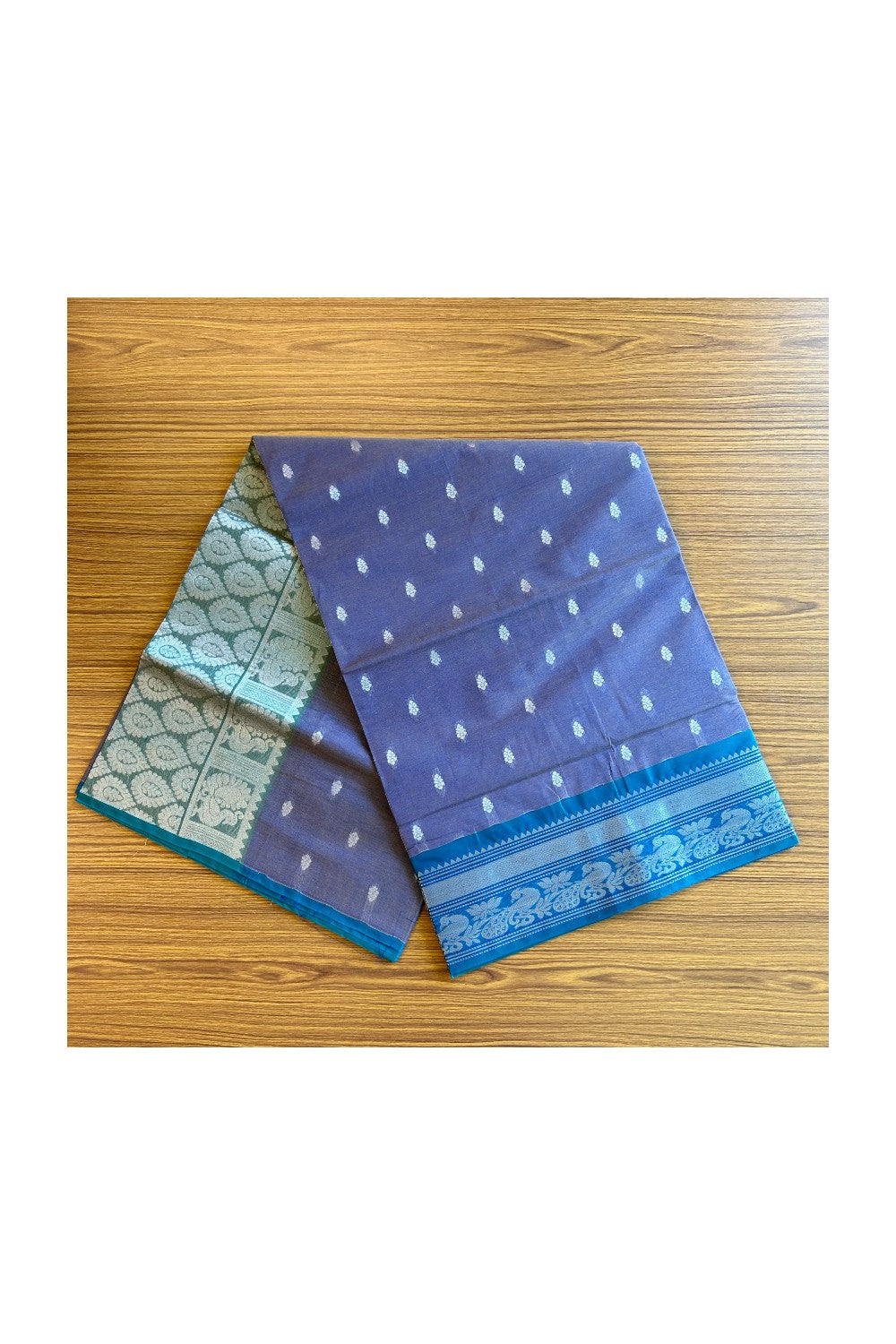 KaithariKada- Balaramapuram Saree - 100% PURE Cotton Silk -Violet Yellow Shade & Green Design -6KK1005PAN.