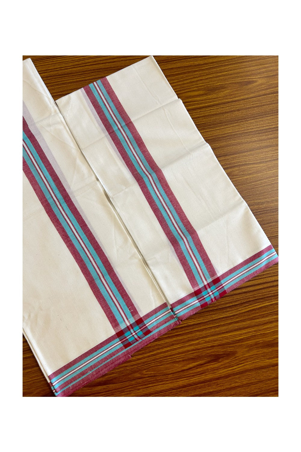 15% Discount!! KaithariKada - Kerala Cotton Single Set Mundu - EXTRA LENGTH -Turquoise & Red Stripes Mulloth Kara- 6KK472CKA