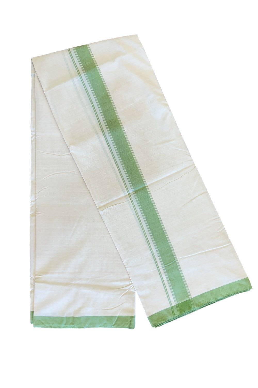 120X120 PREMIUM Kaitharikada Exclusive -25% DISCOUNT! BALARAMAPURAM HANDLOOM Unakkupaavu - 100% PURE Cotton Double Mundu/Dhoti OFF WHITE (Unbleached) - 2 inch Light Green Striped Kara - 6KK477KAL