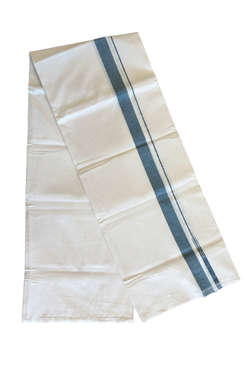 12% DISCOUNT ! KaithariKada Balaramapuram 100% COTTON SINGLE OFF WHITE - (Unbleached) Mundu/Dhoti-Twisted 100s Thread- 1.25 inch Green Puliyilakkara Chutty (2 meter / 4 muzham) - 6KK497ASH