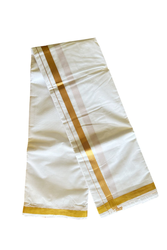 15% DISCOUNT! KaithariKada Cotton Mix - PURE White - 80x80 thread - 80% Cotton & 20% Polyester - NORTH INDIAN - ATTACHED GAMCHA 9X5 Dhoti - Gold KASAVU 1.5 inch & Border - 8KK5008PMC