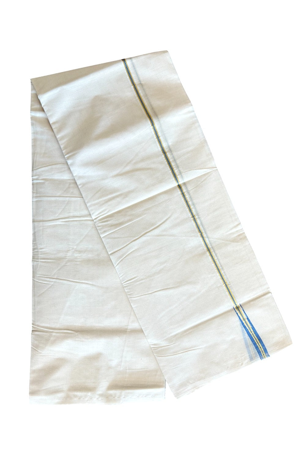 25% DISCOUNT! KaithariKada Balaramapuram 100% Cotton Double Off white (Unbleached) Mundu/Dhoti-100x100 1.5 cm Chutty Puliyilakkara Muthukuri Kasavu & Sky Blue Kara- 8KK417ASH