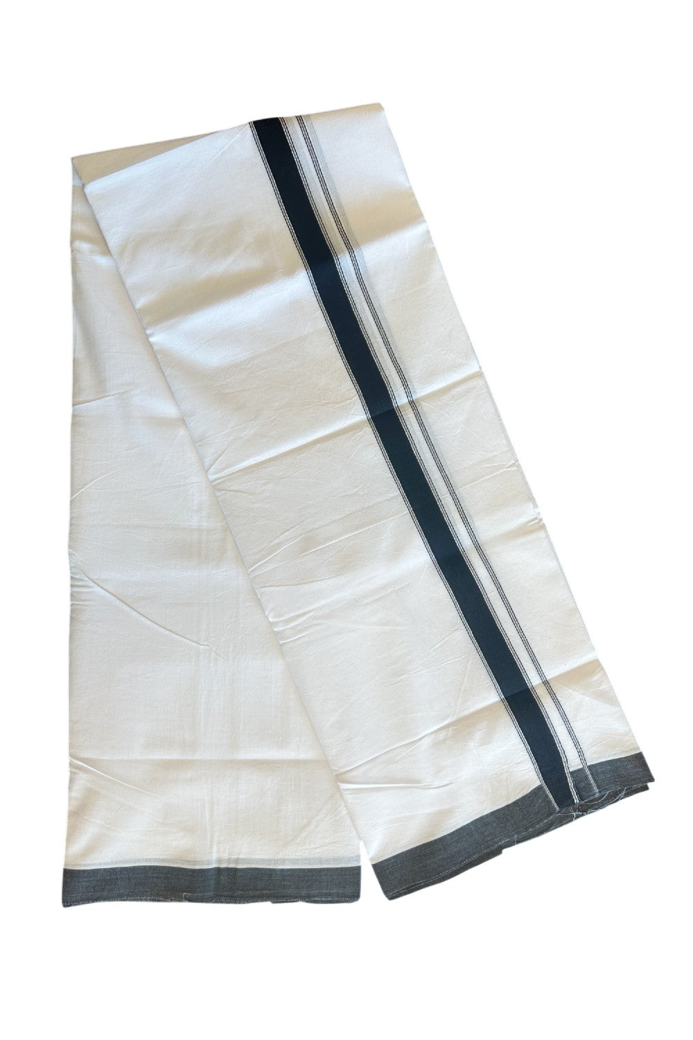 22% Discount ! KaithariKada Balaramapuram 100% Cotton Double PURE WHITE - Mundu/Dhoti- 100x100 - 1.75 inch BLACK Side Stripes Kara.- 5KK5127ASH
