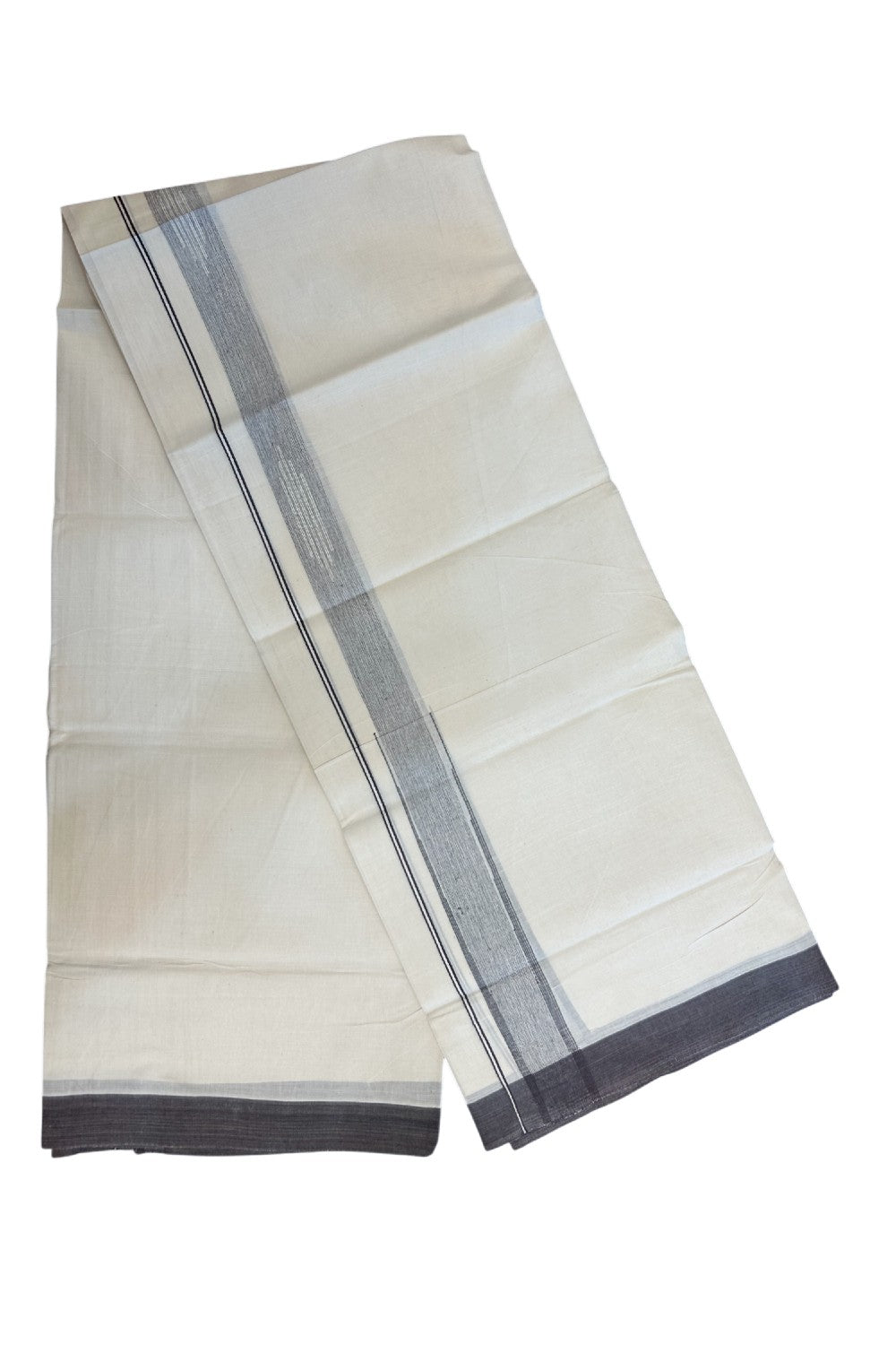 25% DISCOUNT! KaithariKada Balaramapuram Double OFF WHITE 100% Cotton Mundu/Dhoti - 100x80 - 1.25 inch Putta Design Dark brown shaded chutty kara - 6KK5174THI