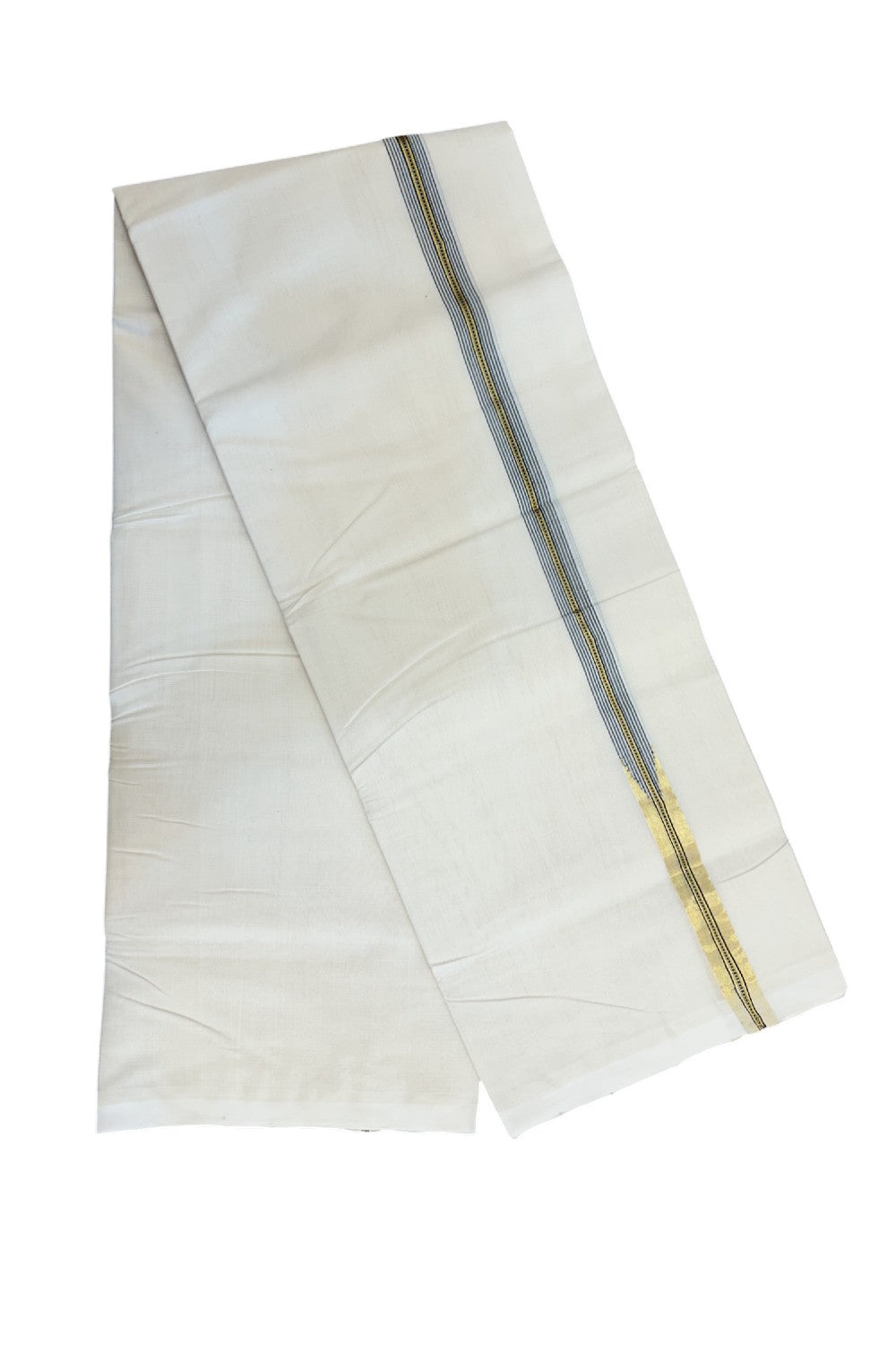 25% DISCOUNT!! KaithariKada HANDLOOM MILPAAV Balaramapuram - 100% PURE Cotton OFF White Double - (Unbleached) Mundu/Dothi - 100x100 - 2 cm Black striped Kasavu chutty Kara - 5KK5177RAM