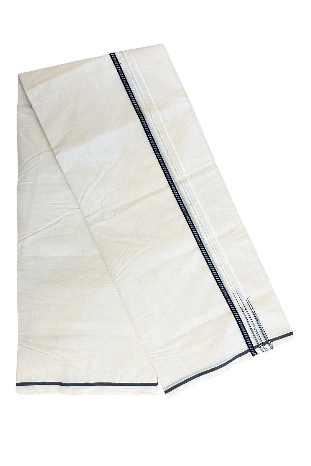 21% Discount! KaithariKada Balaramapuram 100% Cotton Off White - (Unbleached) - Double Mundu/Dhoti-100x100 - 1 cm Puliyilakkara Black & Silver Kasavu Striped Double Chutty Kara - 6KK5179ASH