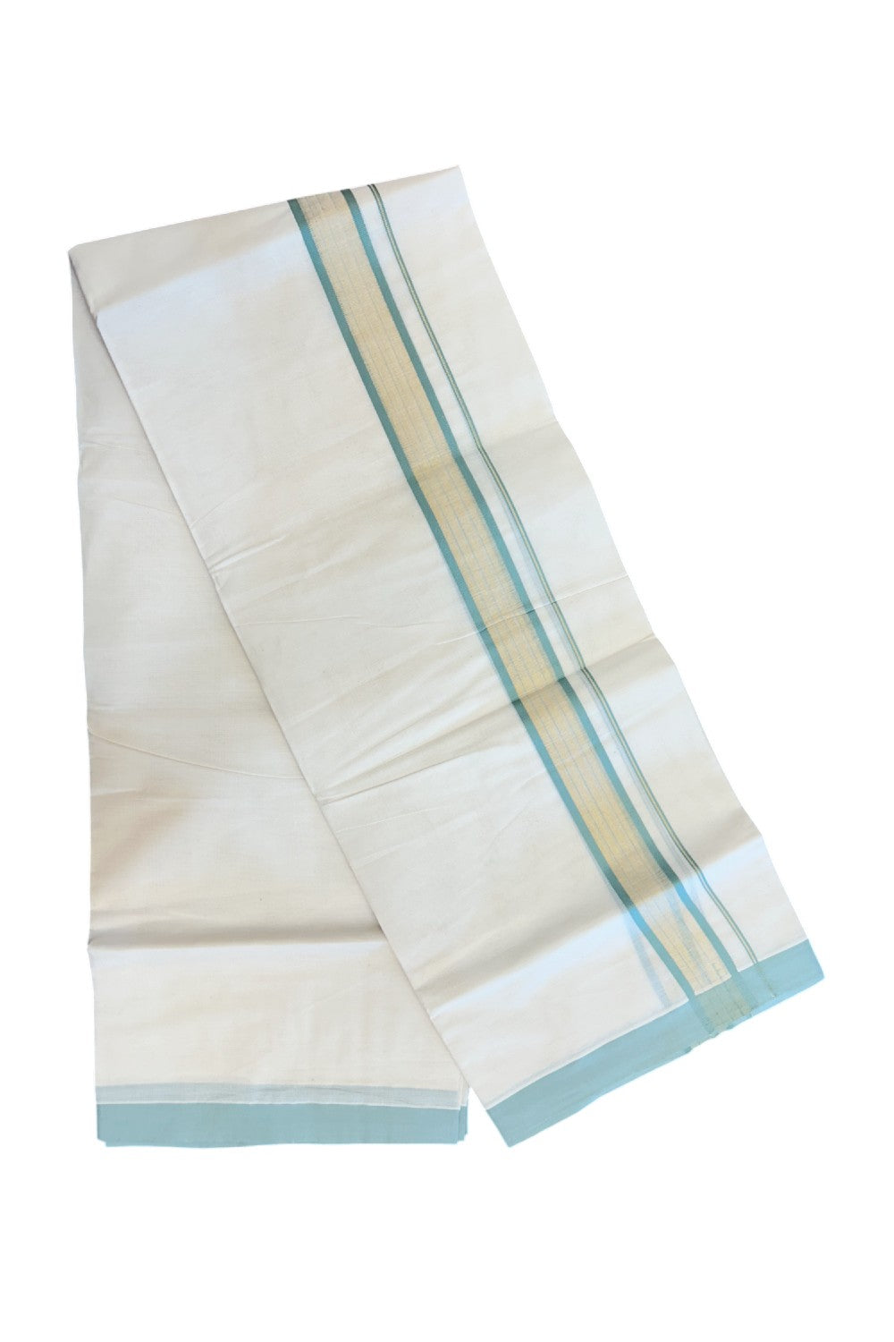 20% DISCOUNT! KaithariKada Balaramapuram Double OFF WHITE Mundu/Dhoti - 80x90 - 1.75 Inch Tissue Light Mint Green striped Kara - 6KK5182VAS