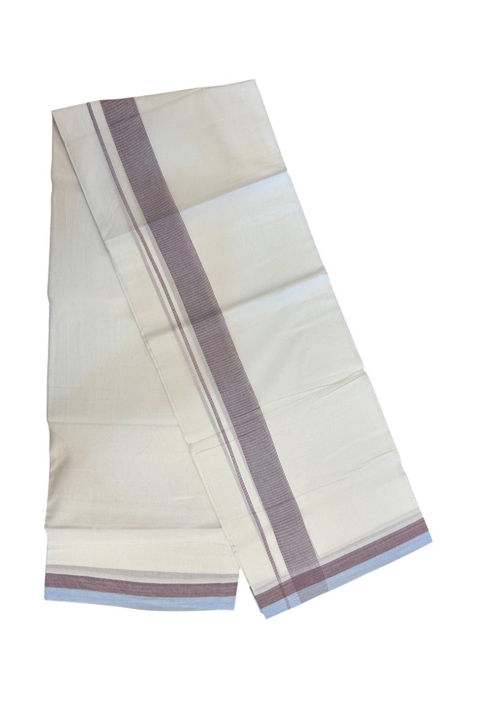 20% Discount ! Kaitharikada Balaramapuram 100% Cotton PURE WHITE Double Mundu/Dothi - 100x80 - 1.5 inch Sky Blue & Maroon Striped Kara - 6KK5183VIN