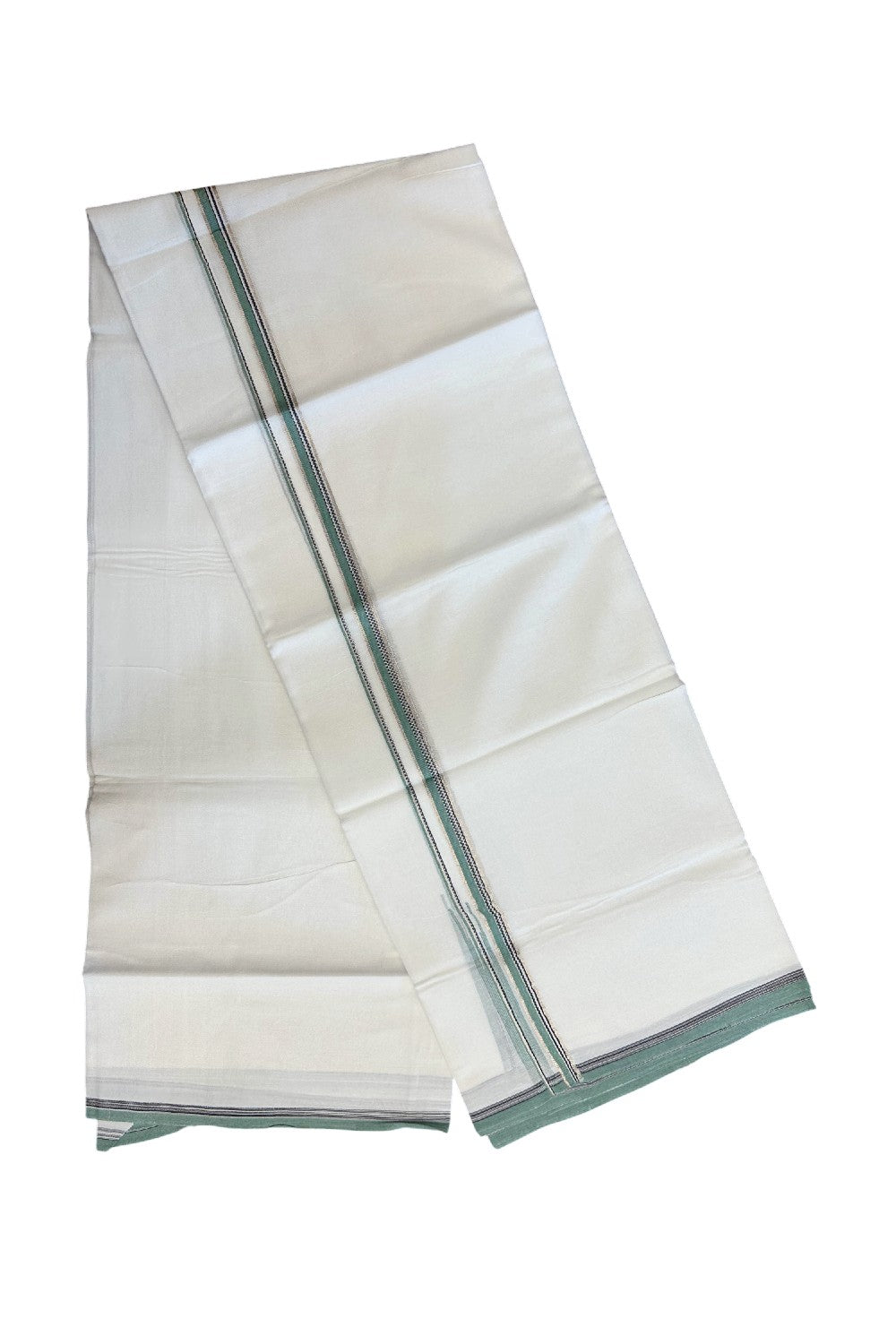 20% Discount !! Kaitharikada Balaramapuram 100% Cotton PURE WHITE DOUBLE Mundu/Dothi- 100X80 Thread - 0.5 inch - Silver Kasavu Black & Pista Green Design Chutty Kara - 6KK5184RAMS