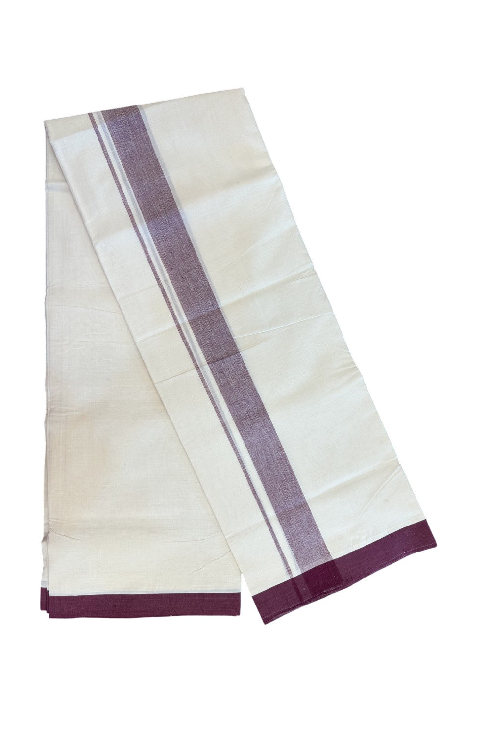 20% Discount ! Kaitharikada Balaramapuram 100% Cotton Double Off white (Unbleached) Mundu/Dhoti - 100x80 - 1.75 inch Grape Wine shaded Kara - 6KK5186CKS