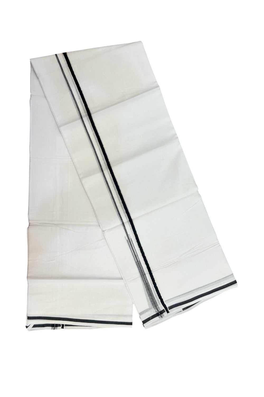 20% Discount !! Kaitharikada Balaramapuram 100% Cotton PURE WHITE Double Mundu/Dothi - 100x80 - 0.25 inch Silver Kasavu & Black Chutty Kara - 6KK5191CKS