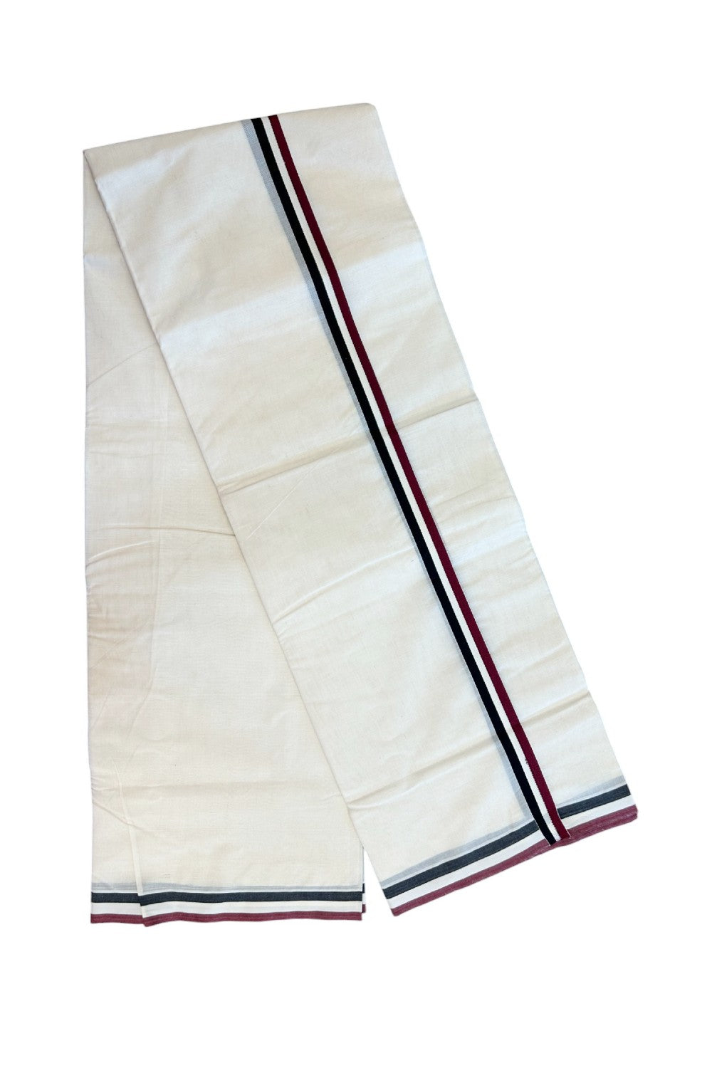 AIADMK VESHTI - 19% DISCOUNT! KaithariKada 100% Cotton off white Double - (Unbleached) Mundu/Dhoti - 100X100 - 0.75 inch Black White & Maroon kara 3.75m (8 muzham)- 6KK5187ASH